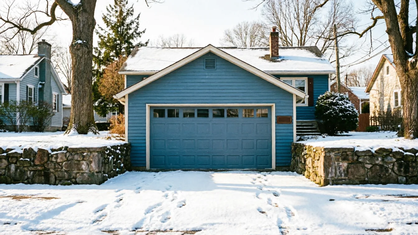 A blue house with a blue garage door and a snow-covered driveway.