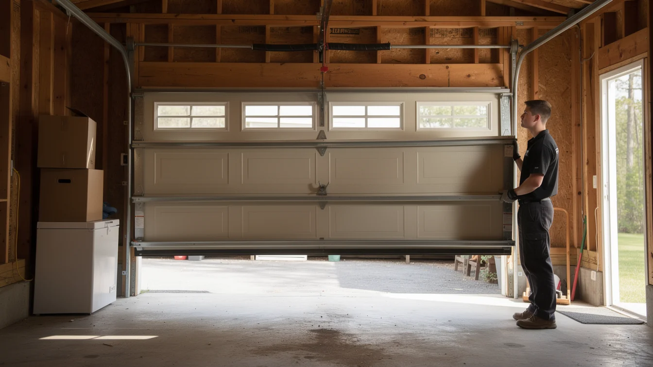 A technician in a black shirt is adjusting a beige garage door with windows.