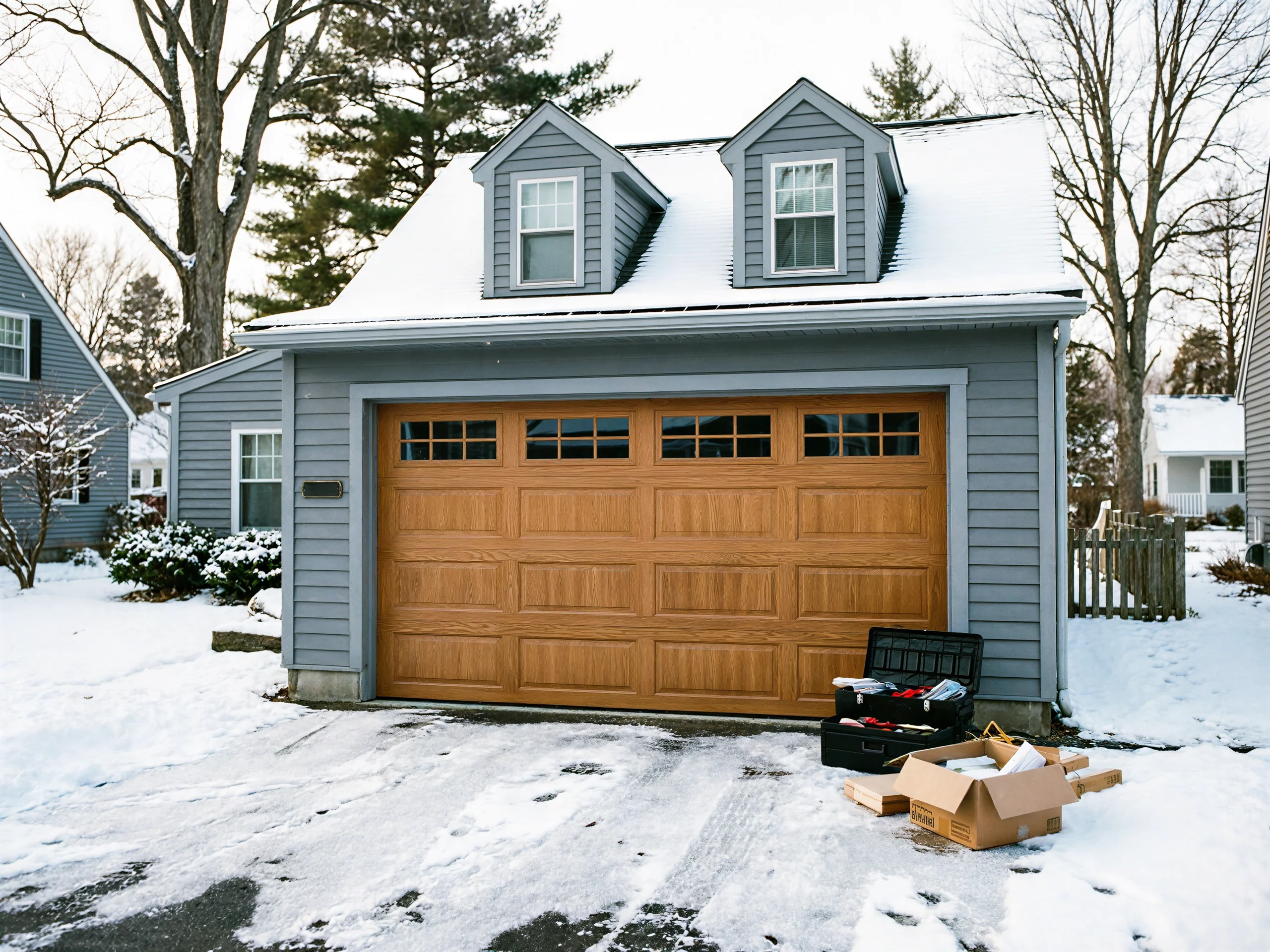A wooden garage door on a gray house with snow on the roof and ground.