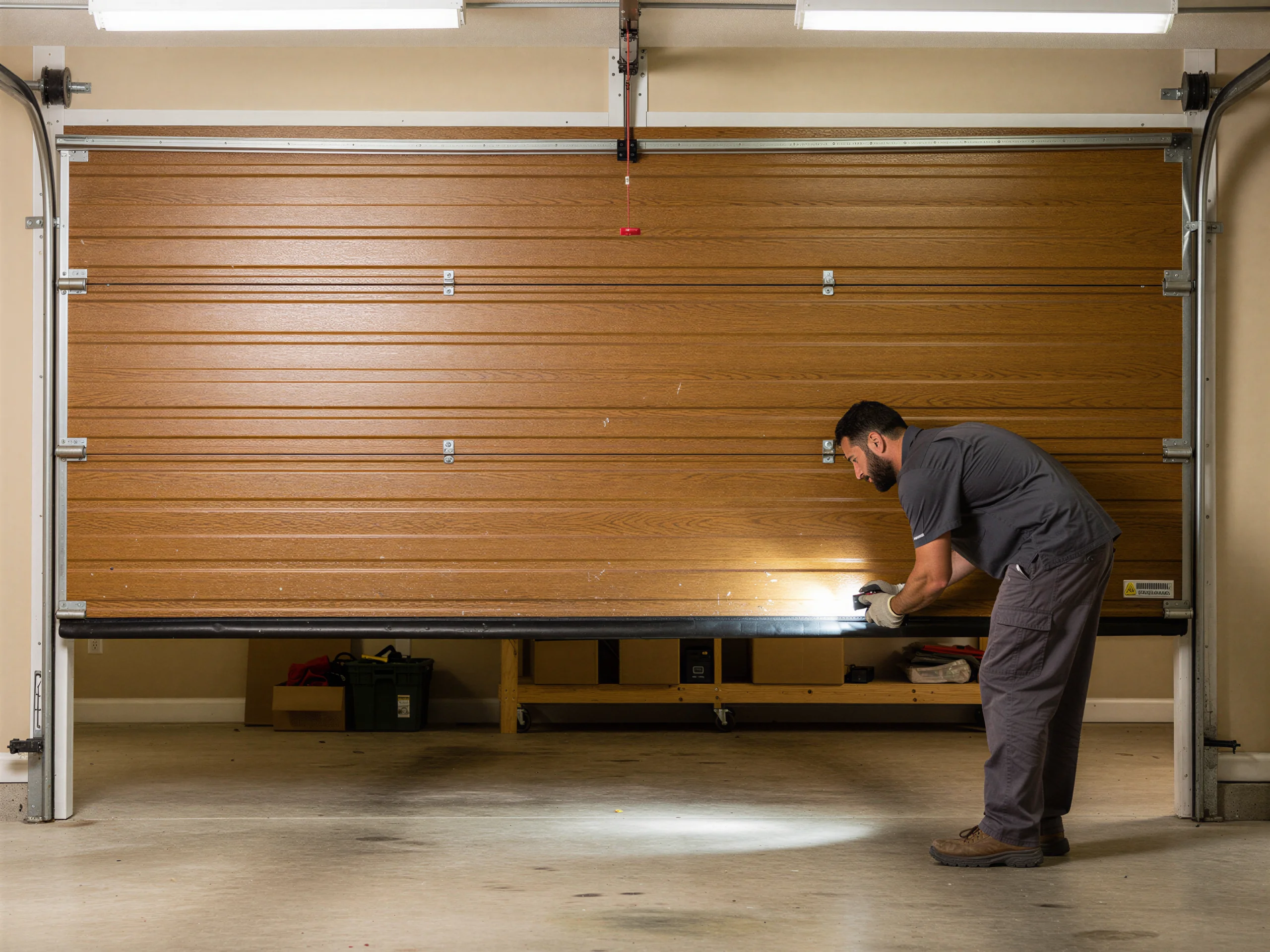 A technician inspects the bottom of a wood-look garage door with a flashlight.