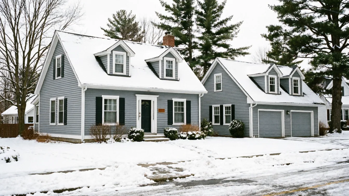 Two gray houses with snow-covered roofs and a two-car garage are visible in winter.