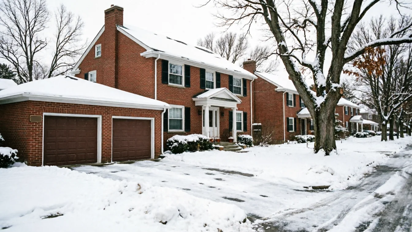 The house has two brown garage doors and a snow-covered driveway.